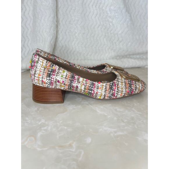 Tory Burch Pink Cream Gold Tweed Wooden Block Heel Georgia Pump Womens 7 US - Picture 12 of 14